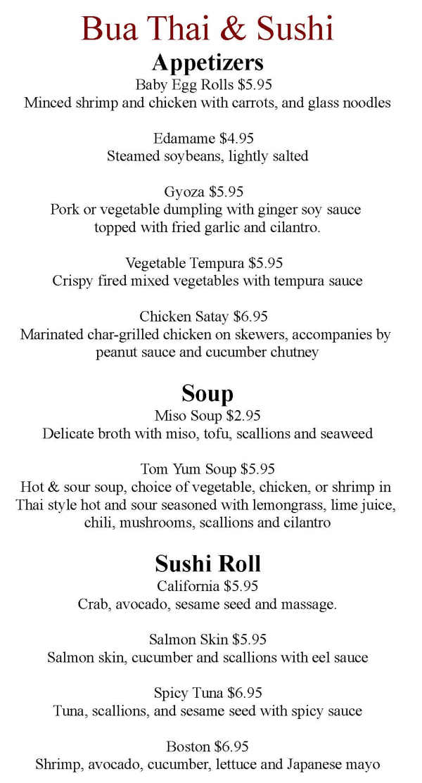 Bua Thai & Sushi menu page 1