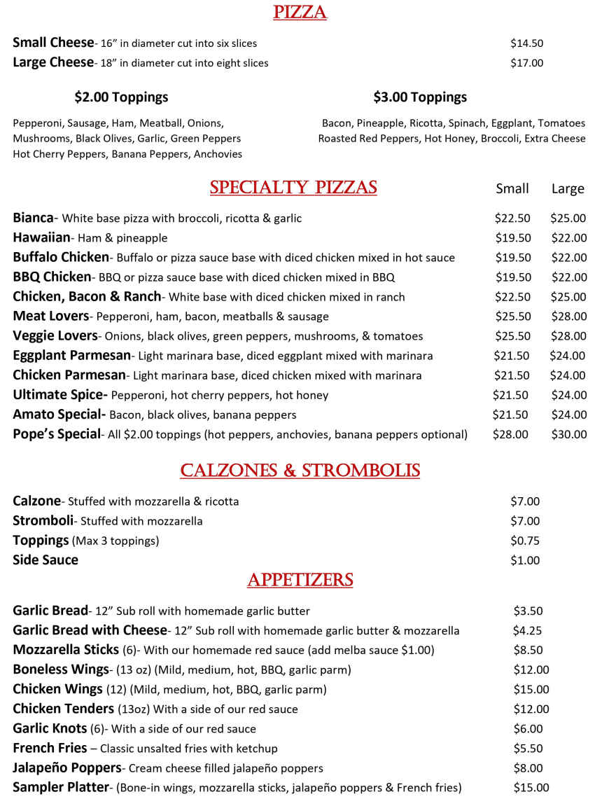 Pope's Pizza menu page 1
