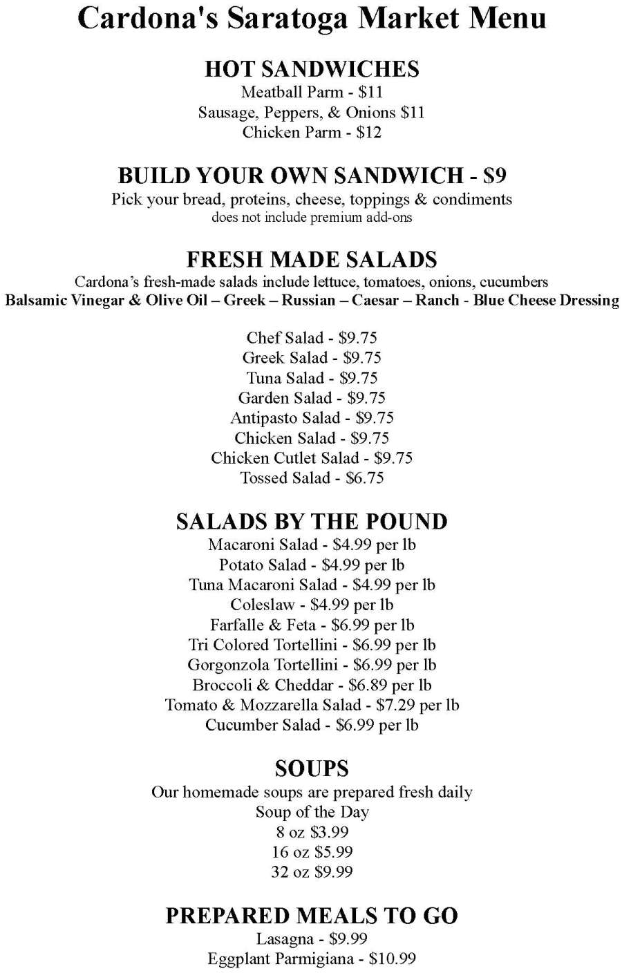 Cardona's Saratoga Market menu page 1