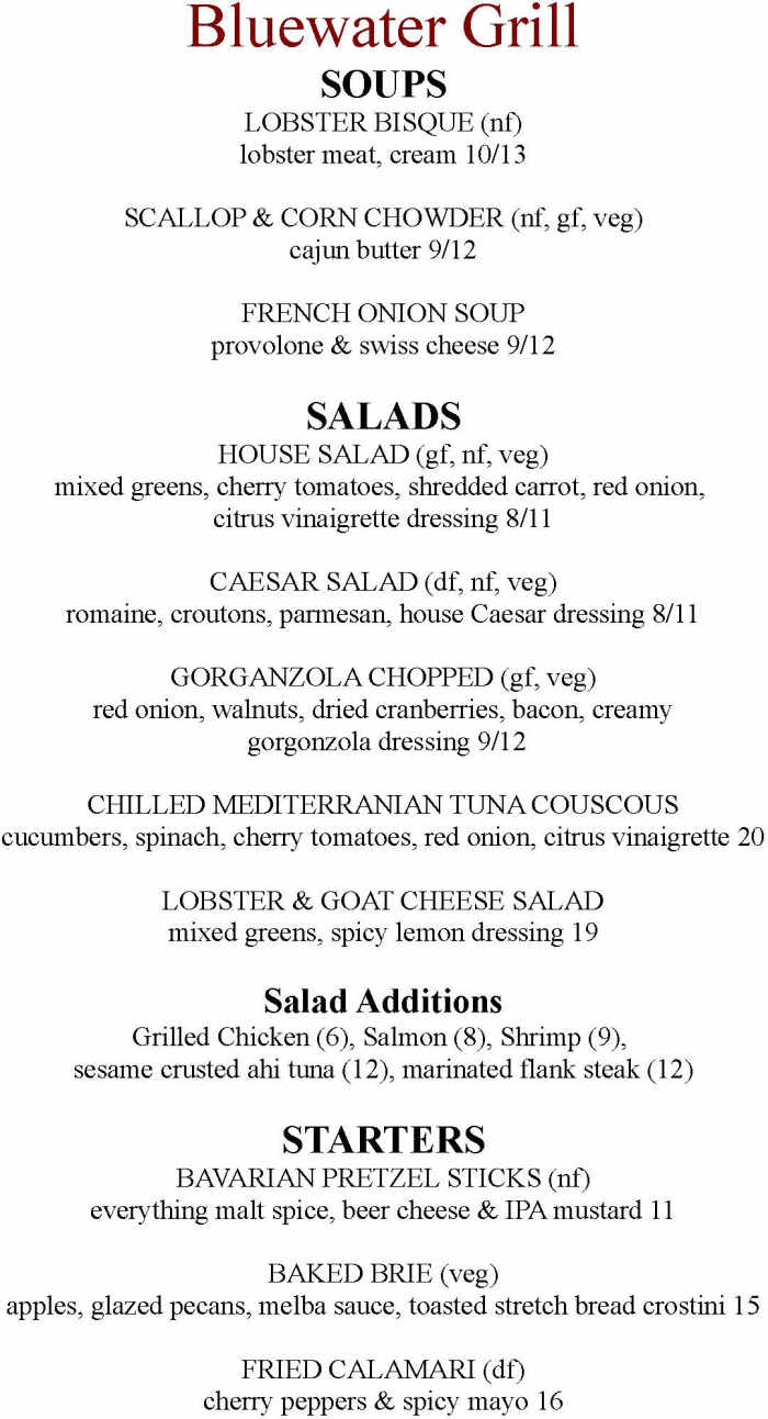 Blue Water Grill menu page 1