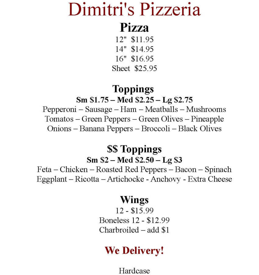 Dimitri's Pizzeria menu page 1