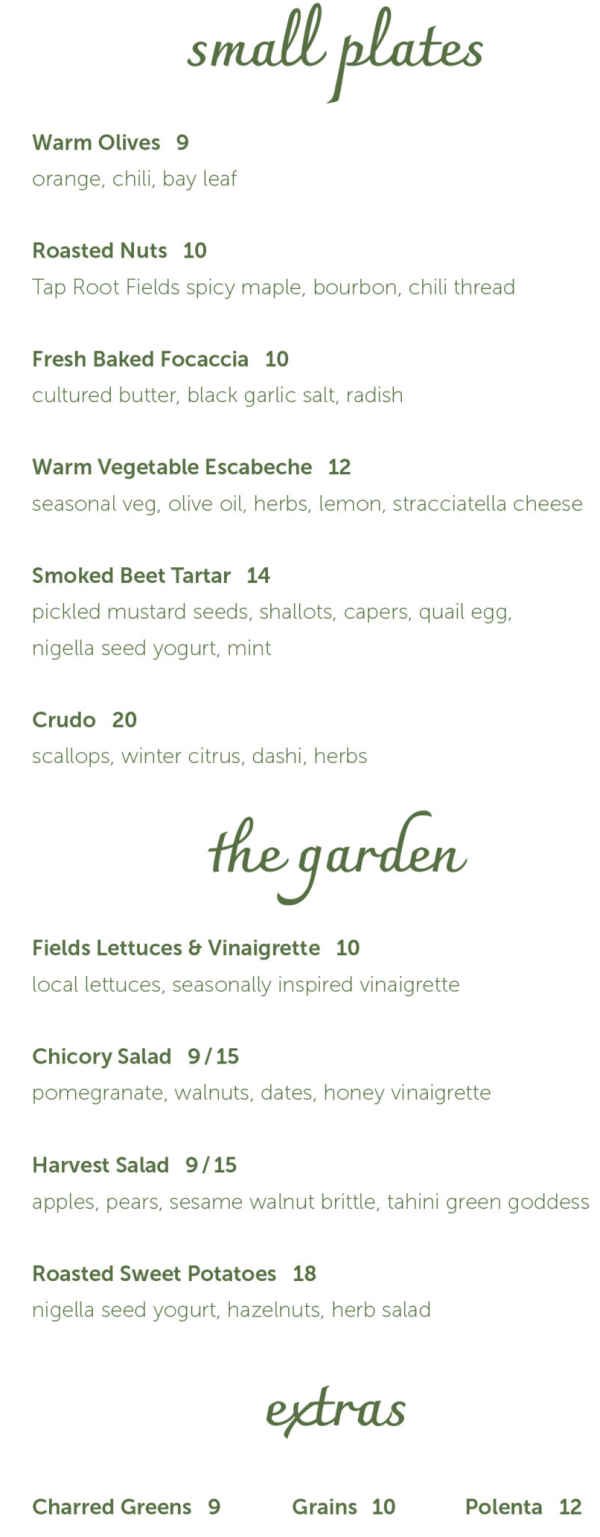 Fields Restaurant menu page 1