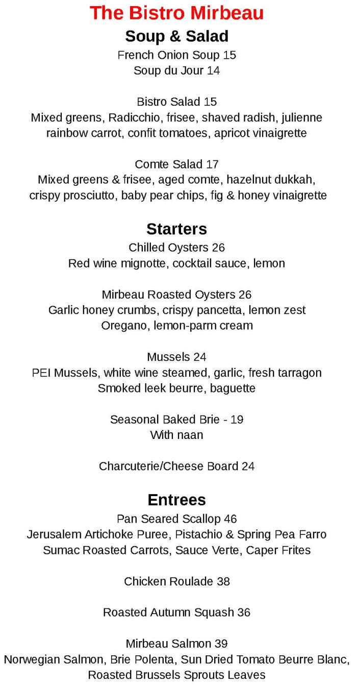 The Bistro Mirbeau menu page 1