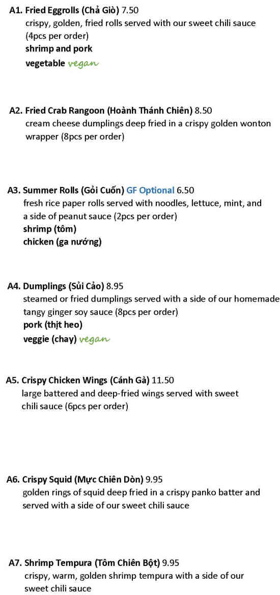 Vietnamese Noodle House menu page 1