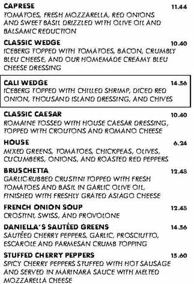 Daniella's Steakhouse menu page 1
