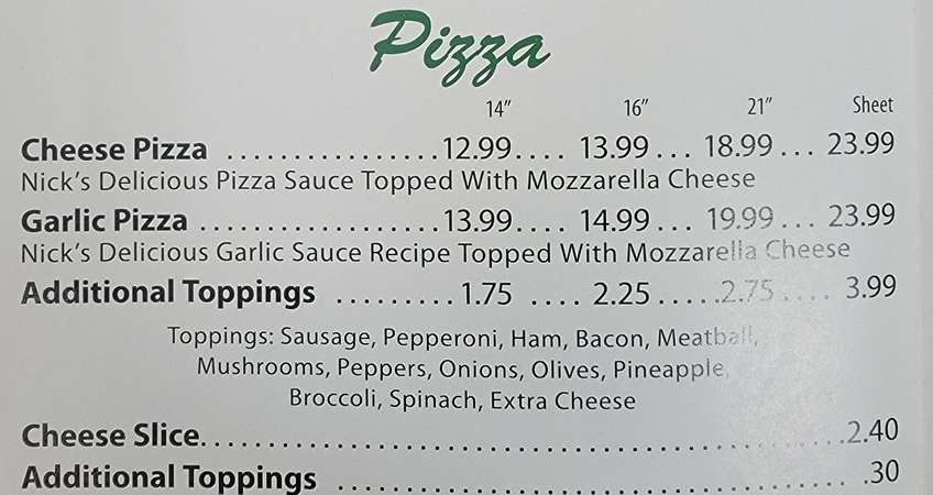 Nick's Pizza menu page 1