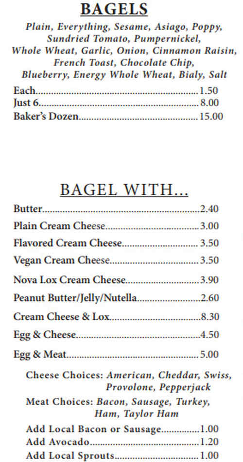 DeWitt Bagel Company menu page 1
