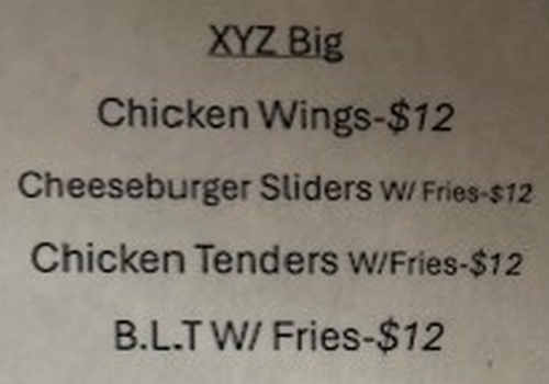 WXYZ Bar menu page 1