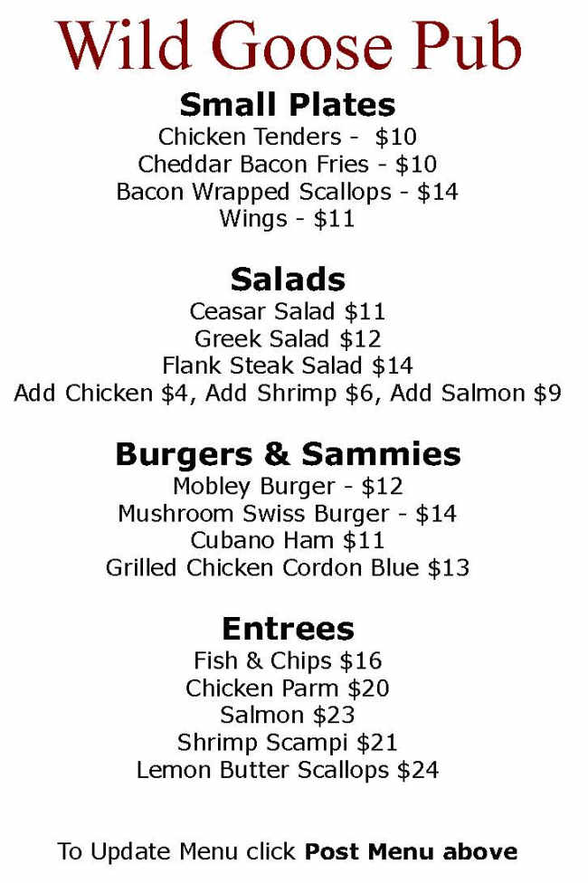 Wild Goose Pub menu page 1