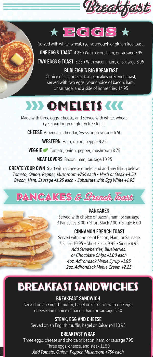 Burleigh's Luncheonette menu page 1