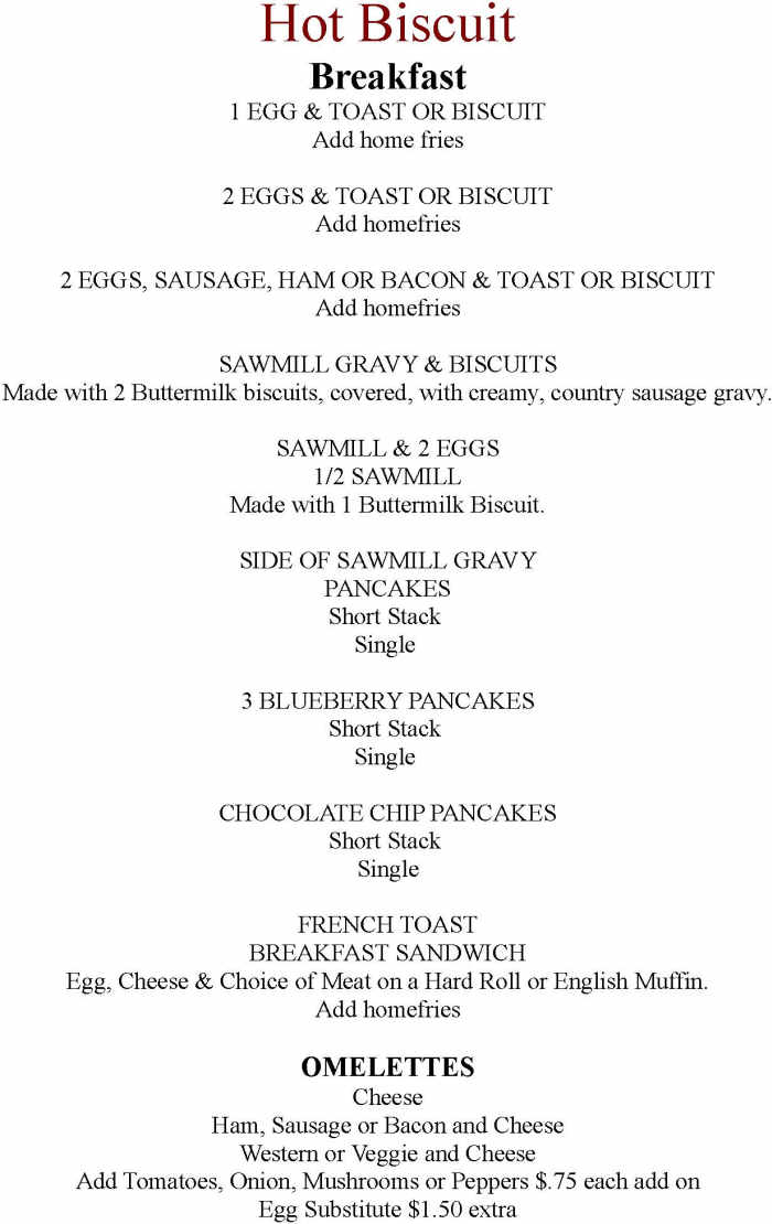 Hot Biscuit Diner menu page 1