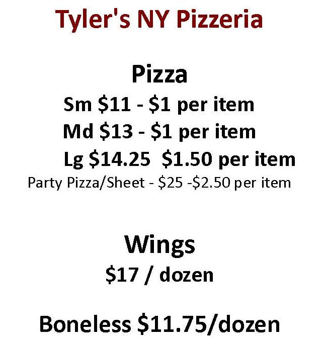 Tyler's New York Pizzeria menu page 1