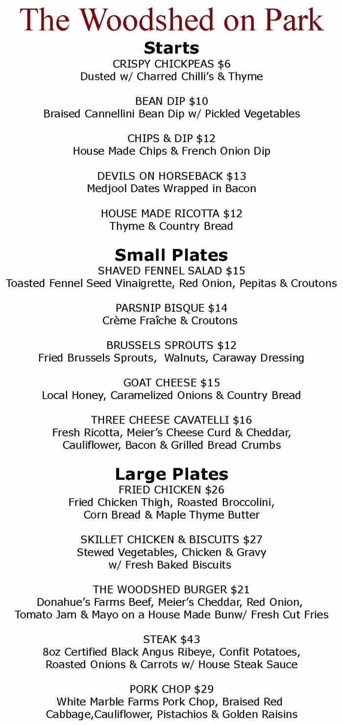 The Woodshed on Park menu page 1