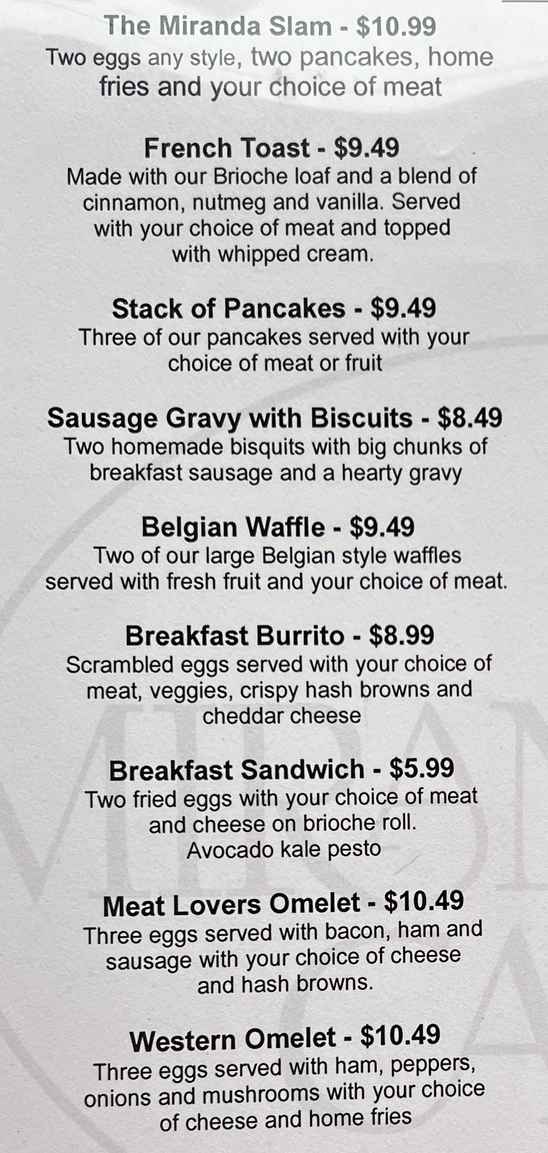 Miranda's Cafe menu page 1