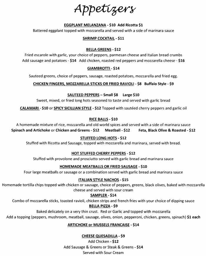 Bella Regina menu page 1