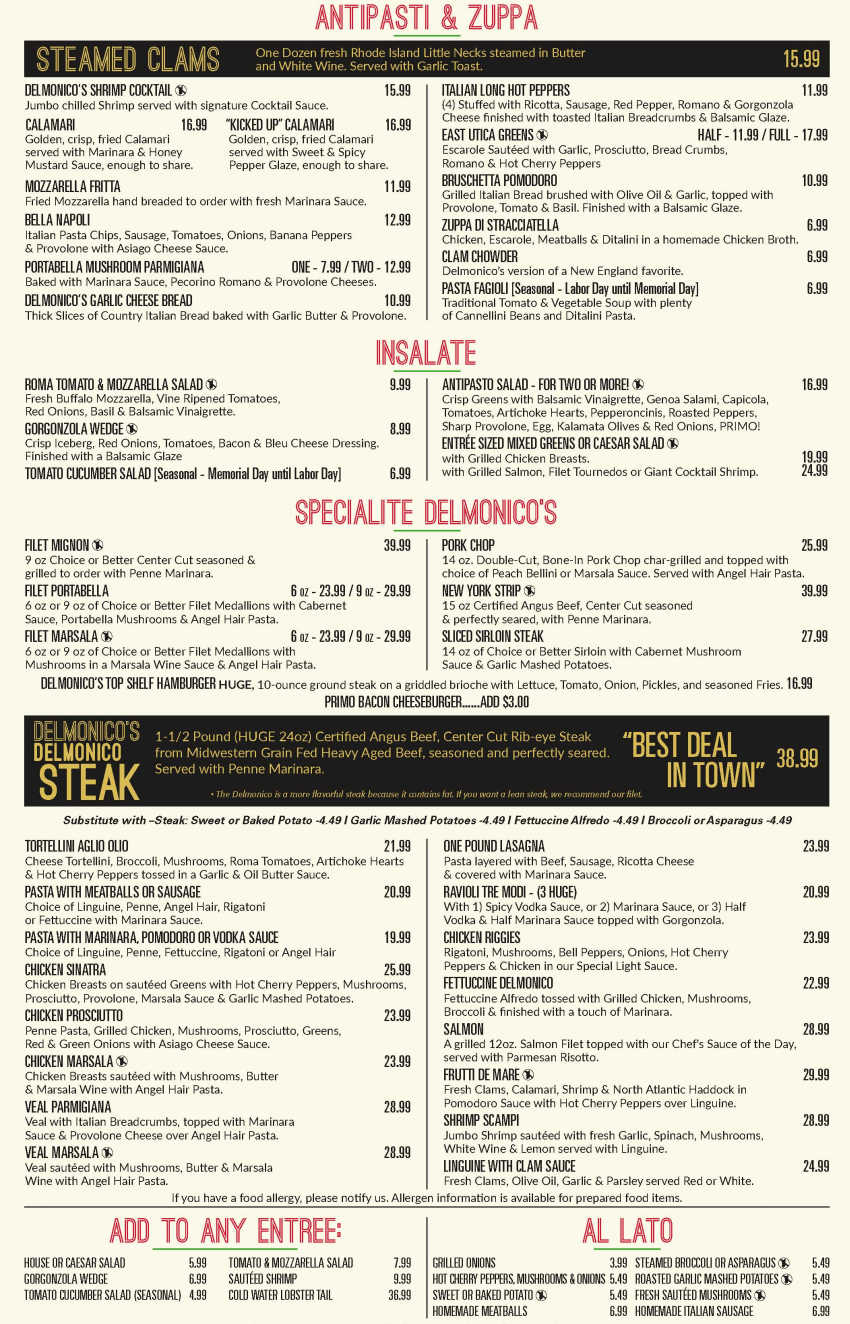 Delmonico’s Italian Steakhouse menu page 1