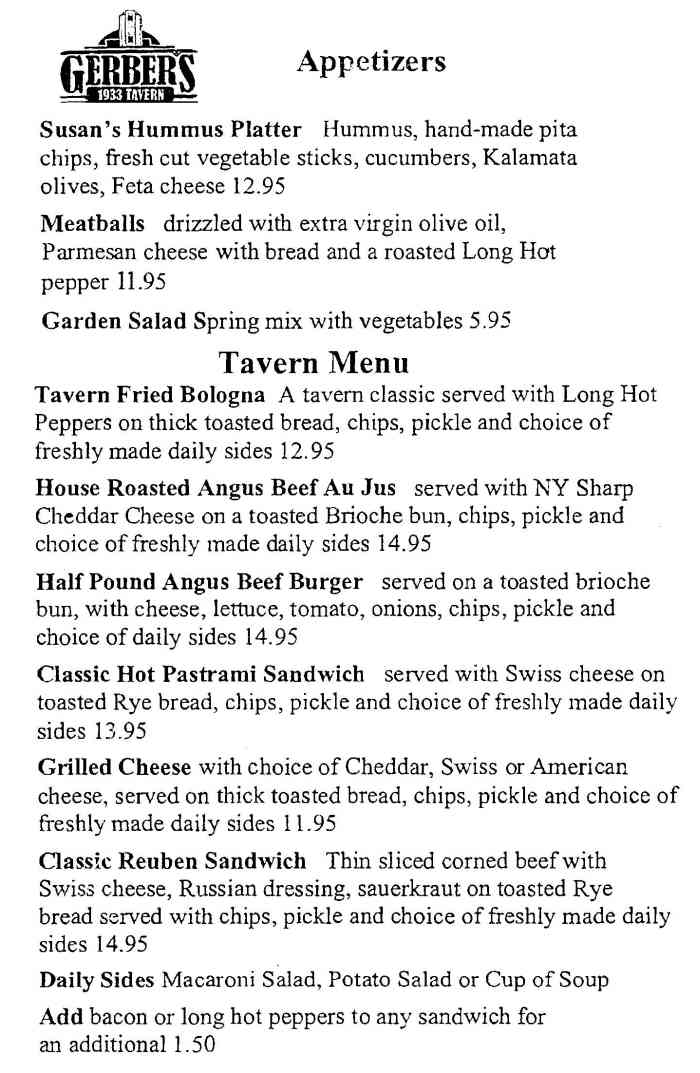 Gerber's 1933 Tavern menu page 1