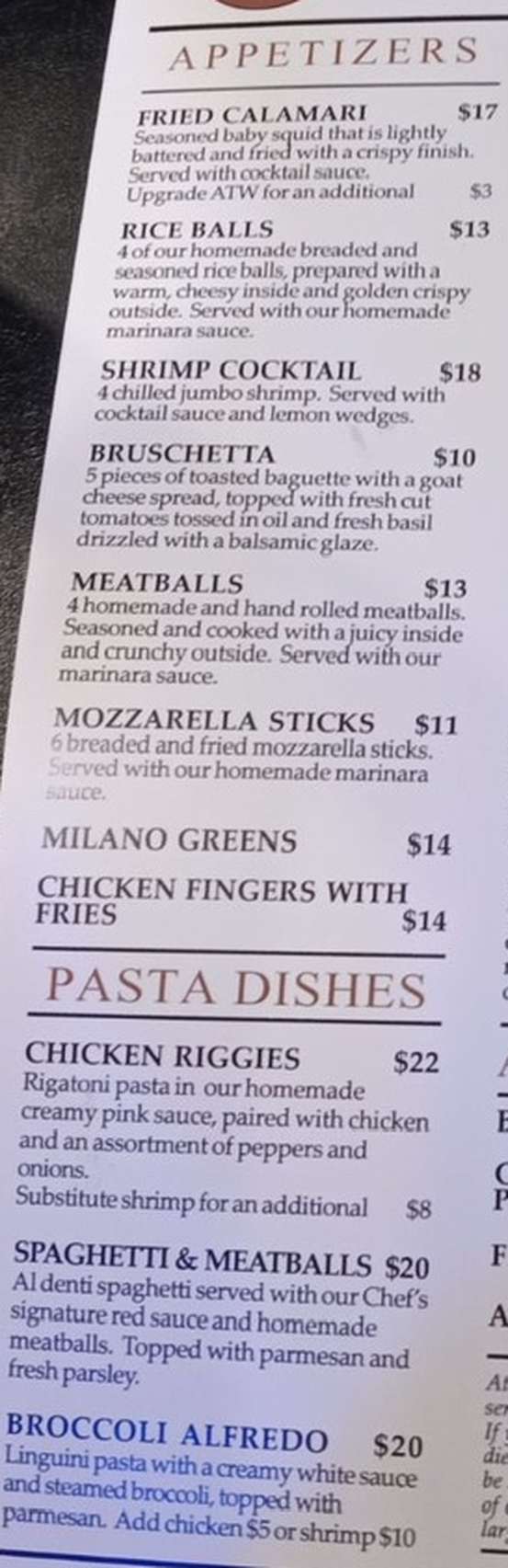 Milano Restaurant menu page 1