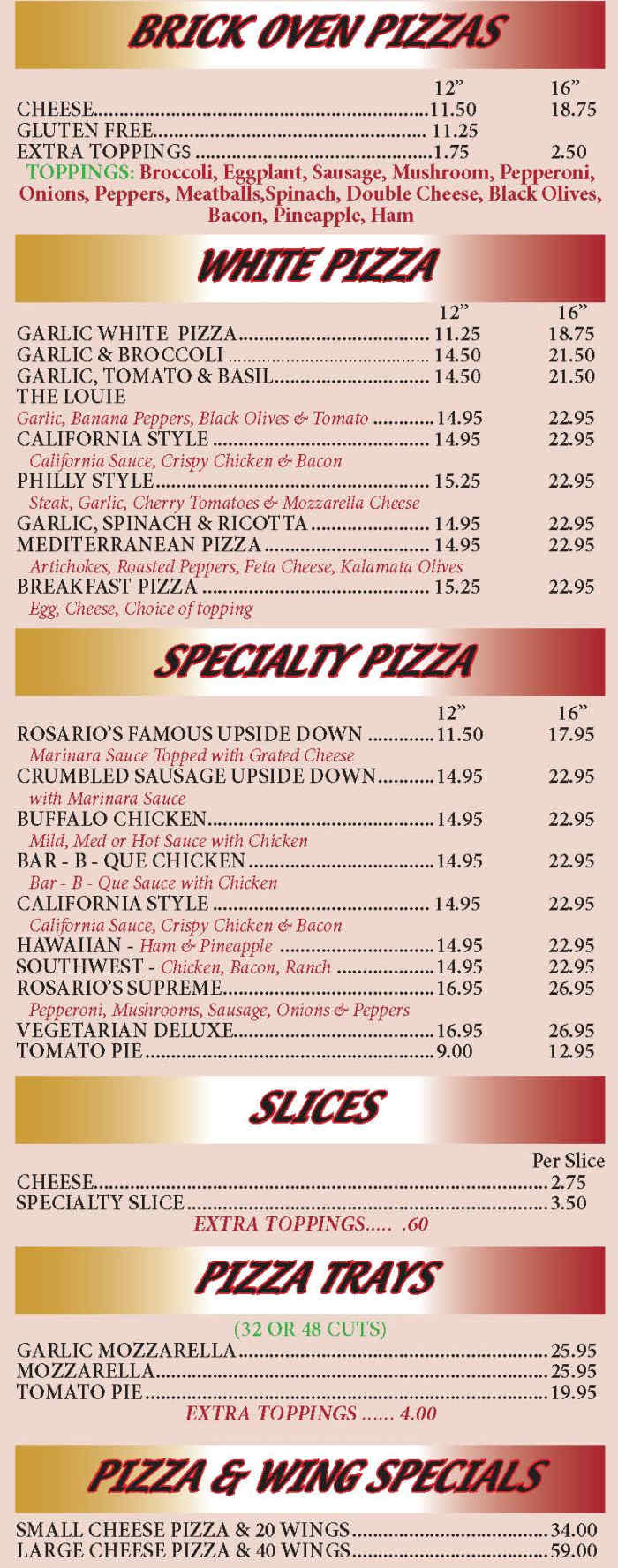 Rosario's Pizzeria menu page 1
