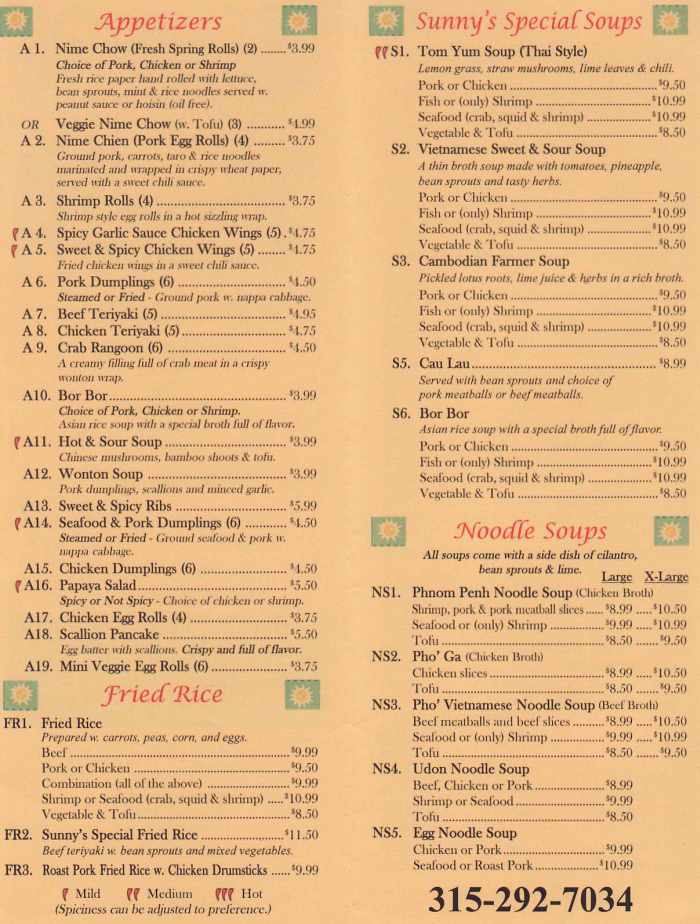 Sunny Asian Cuisine menu page 1
