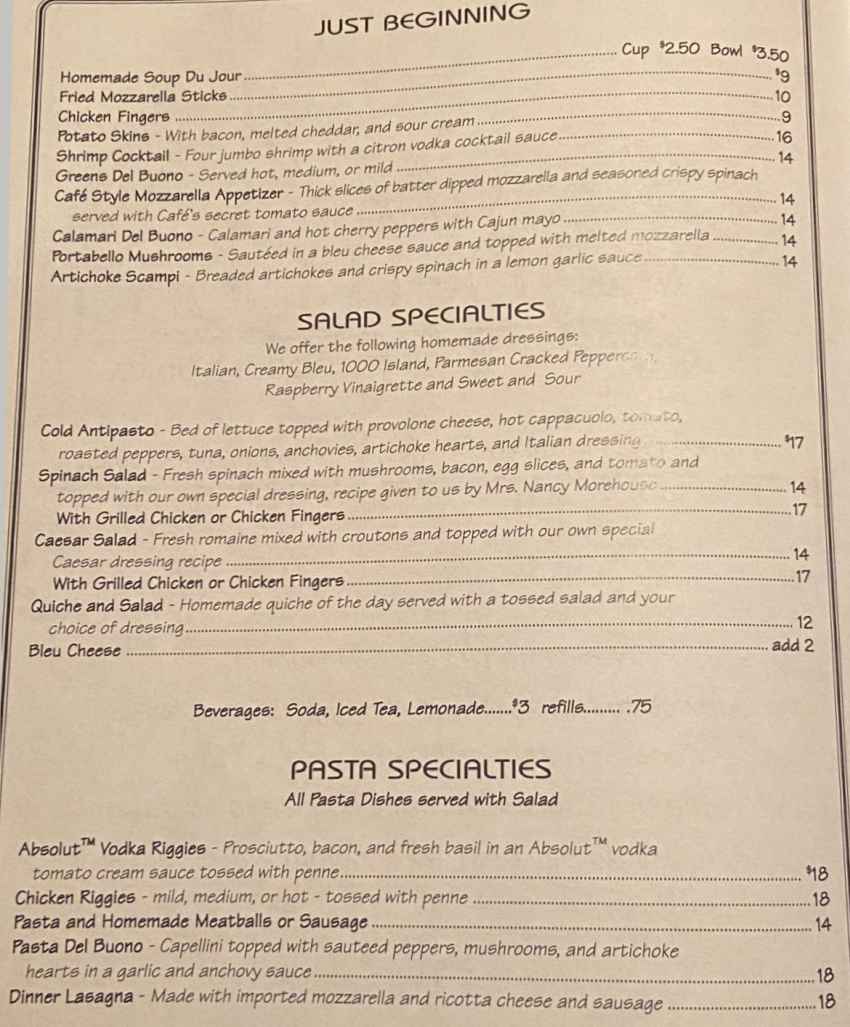 Cafe Del Buono menu page 1