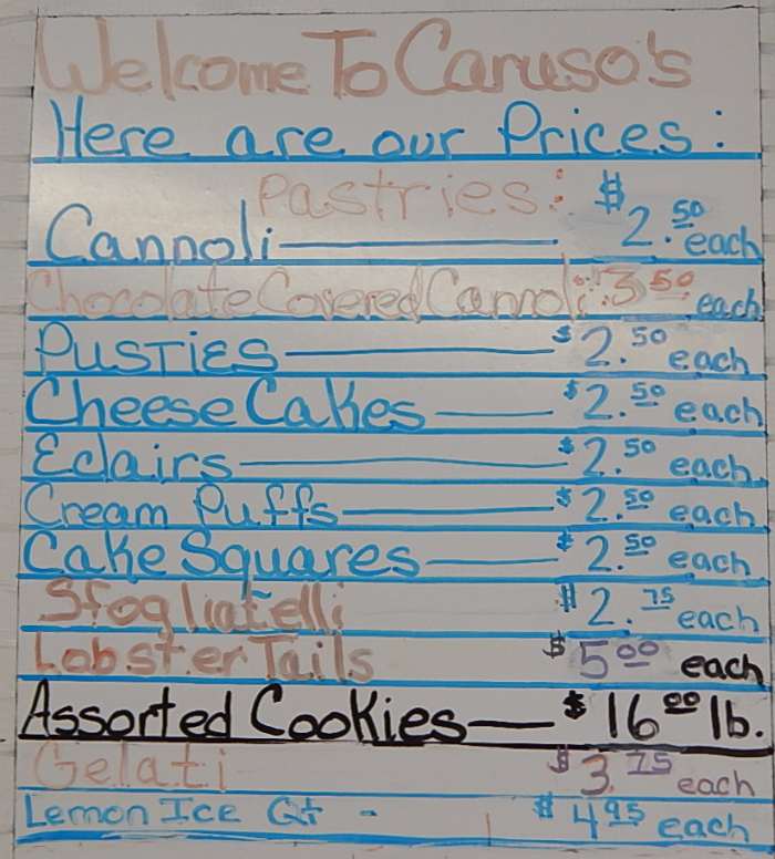 Caruso's Pastry Shop menu page 1