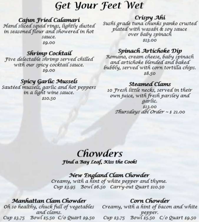 Chowder House menu page 1