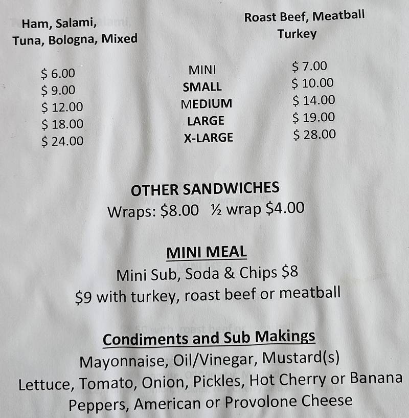 Mello's Subs menu page 1