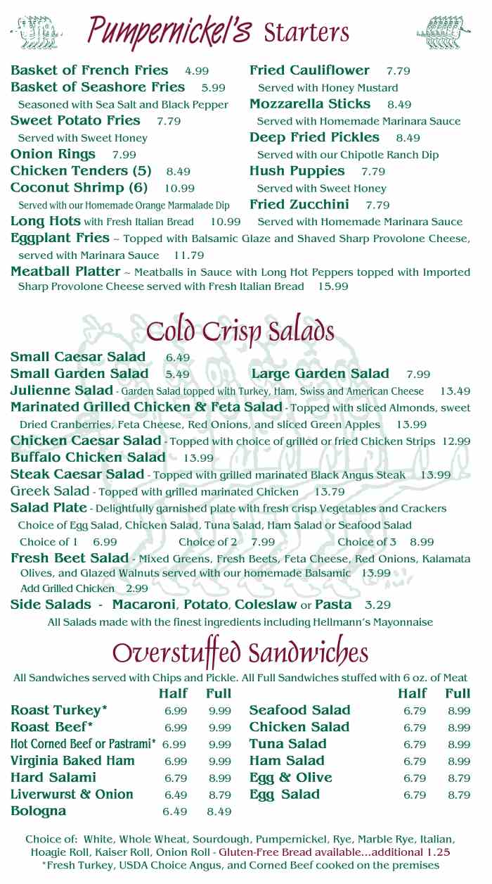 Pumpernickel's Deli menu page 1