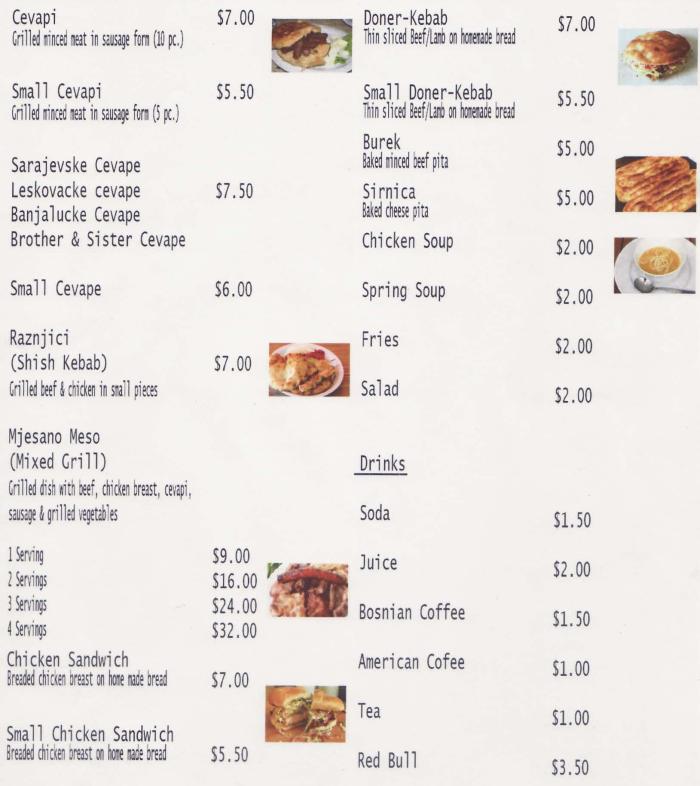 Ruznic Market Restaurant menu page 1