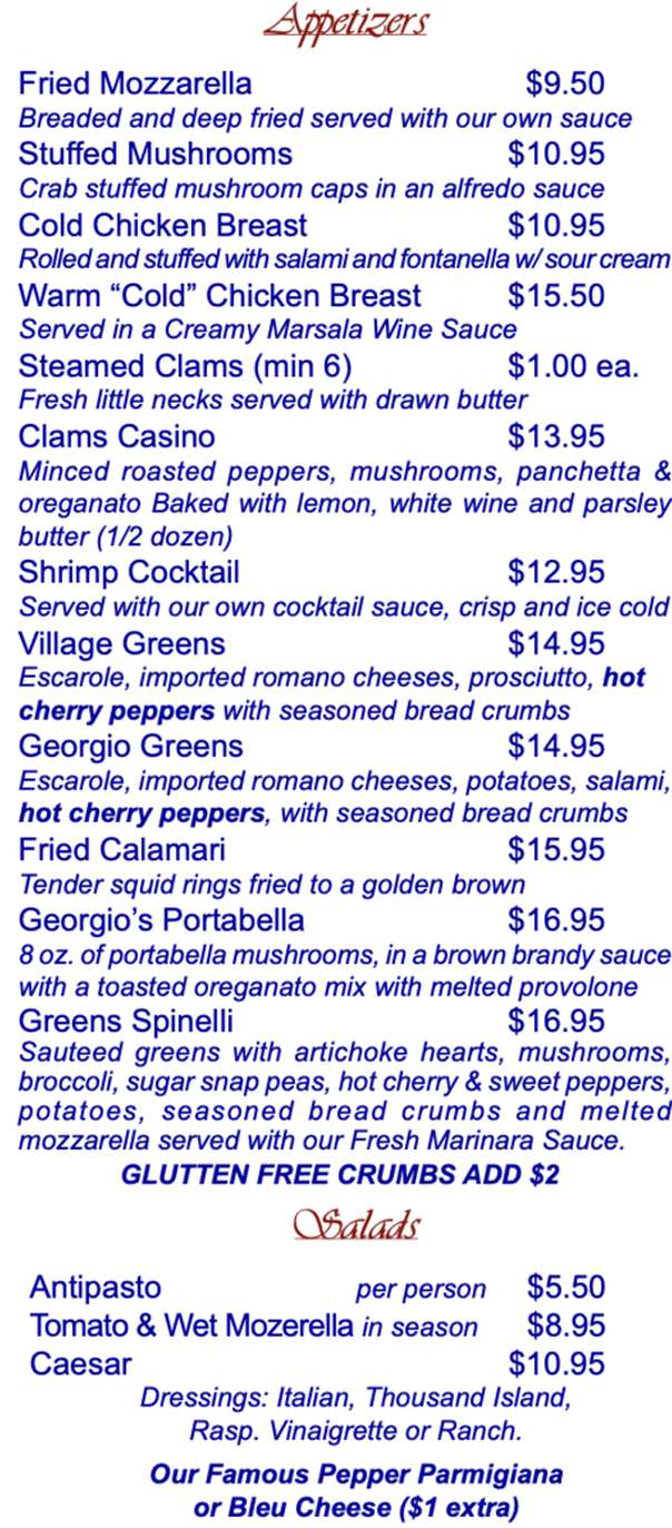 Georgio's Village Cafe menu page 1
