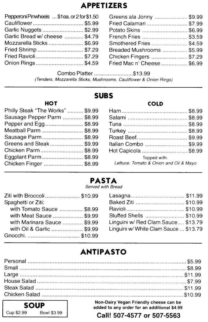 Nina's Pizza menu page 1