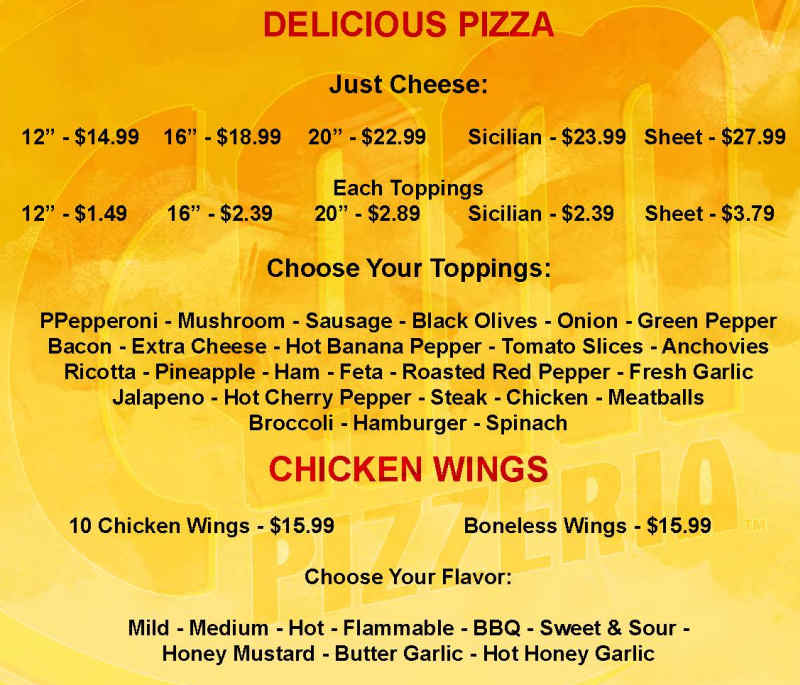 Cam's Pizzeria menu page 1