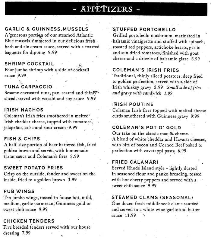 Coleman's Corner menu page 1