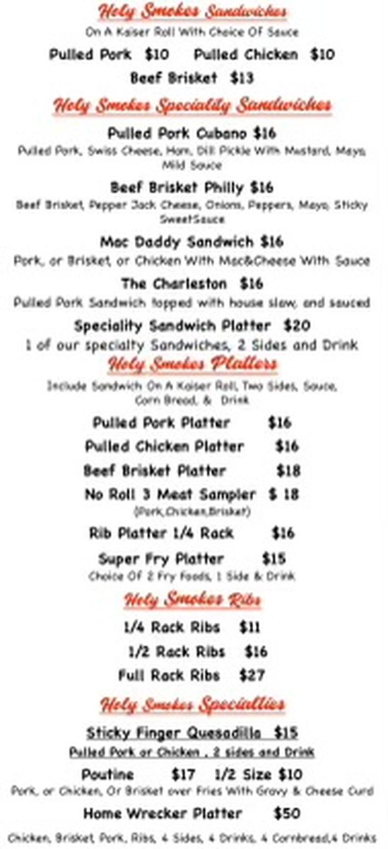 Holy Smokes Bourbon & BBQ menu page 1