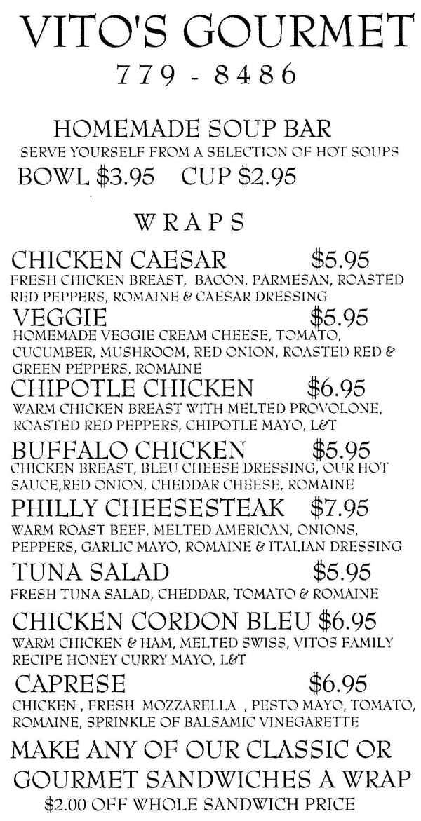 Vito's Gourmet menu page 1