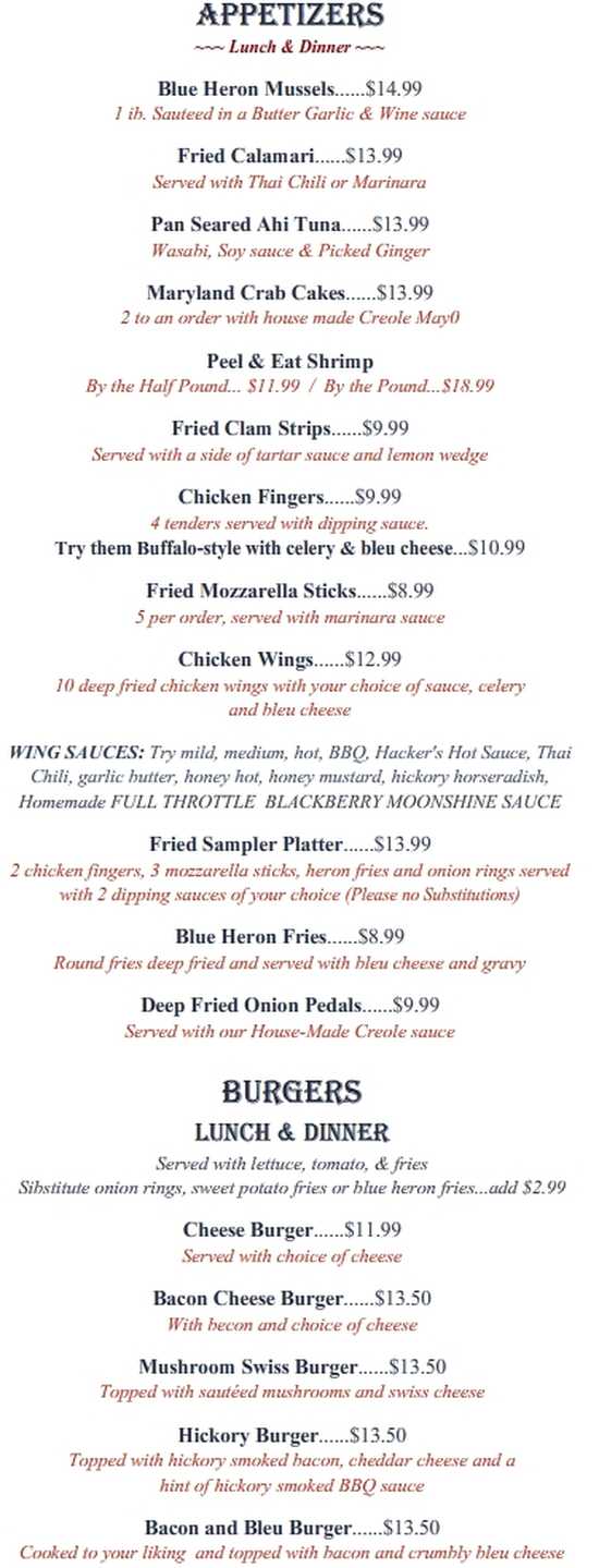 The Blue Heron menu page 1