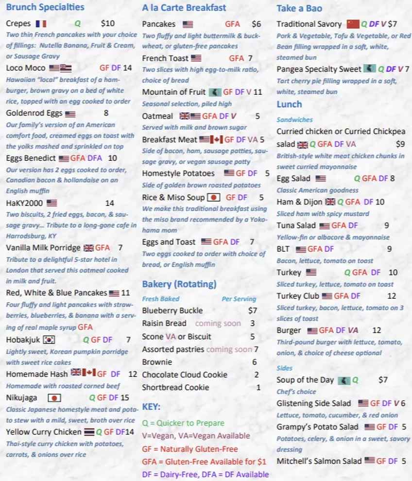 Pangea Global Teahouse menu page 1