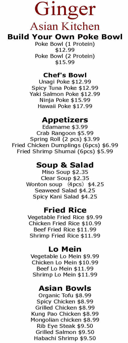 Ginger Asian Kitchen menu page 1