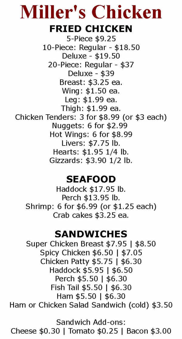 Miller's Chicken menu page 1