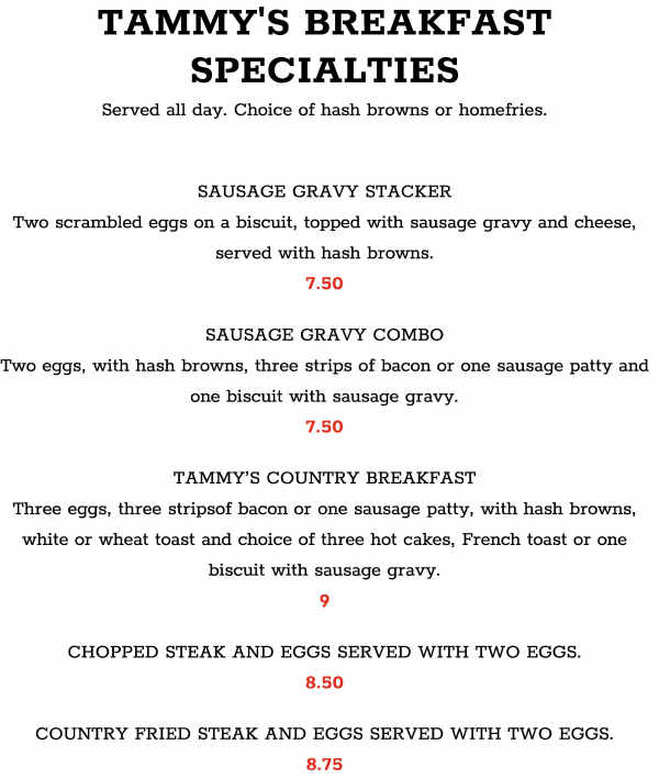 Tammy's Country Kitchen menu page 1