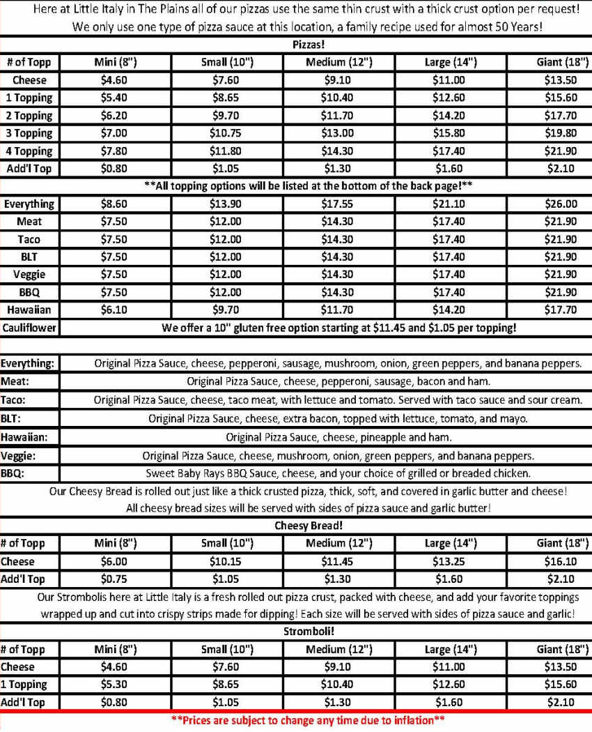 Little Italy Pizza menu page 1