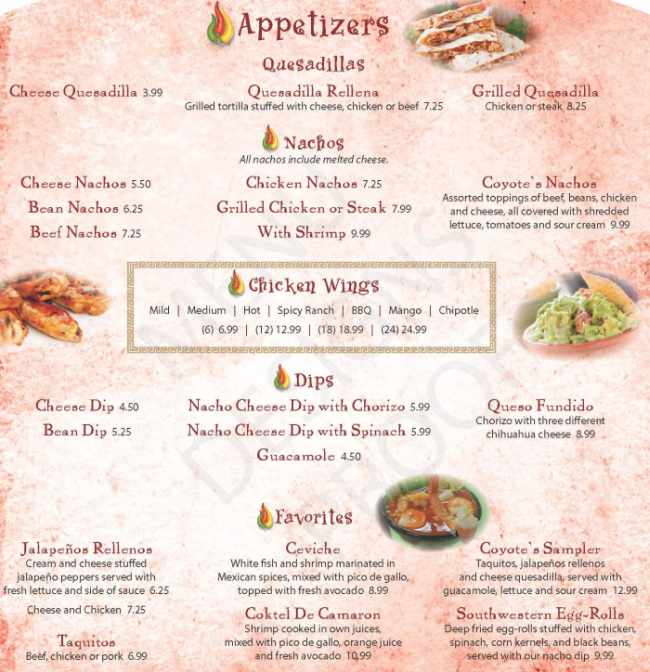 Coyote's Mexican menu page 1