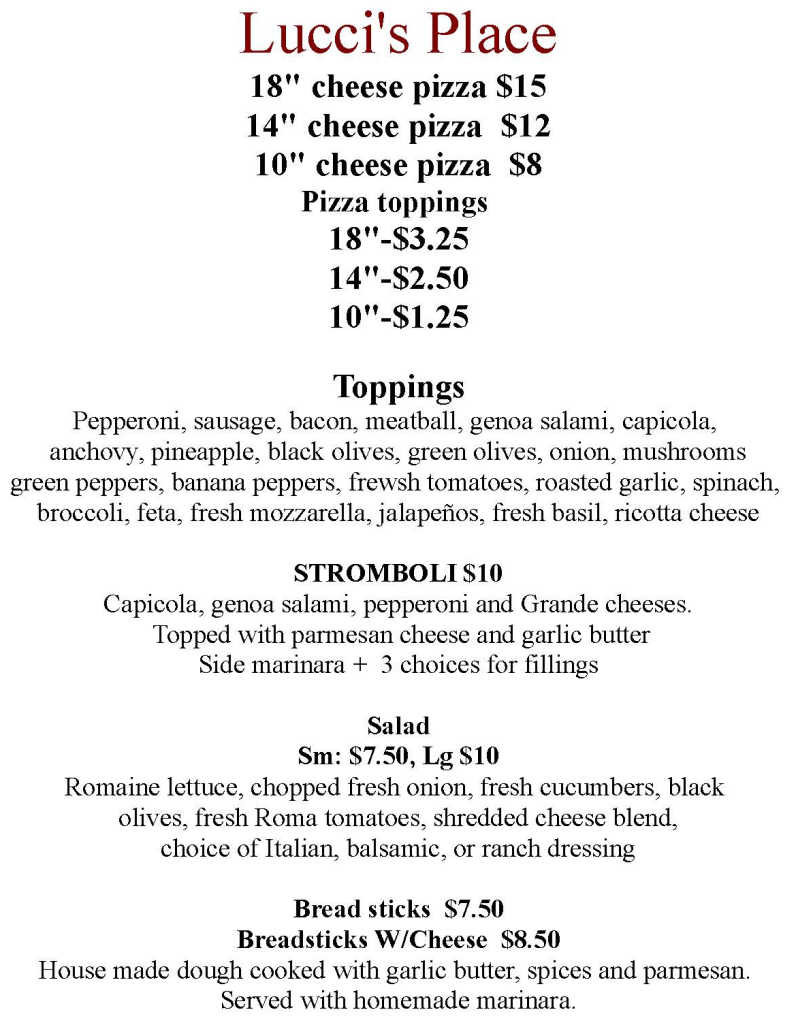 Lucci's Place menu page 1