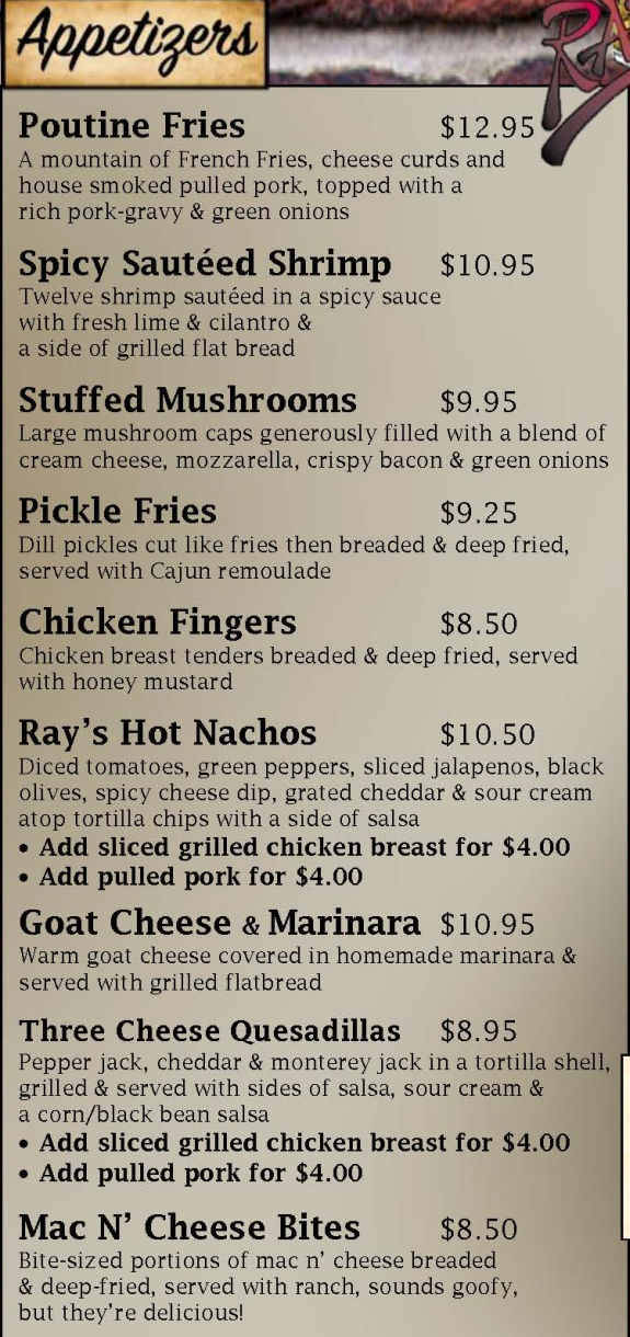 Rays Place menu page 1
