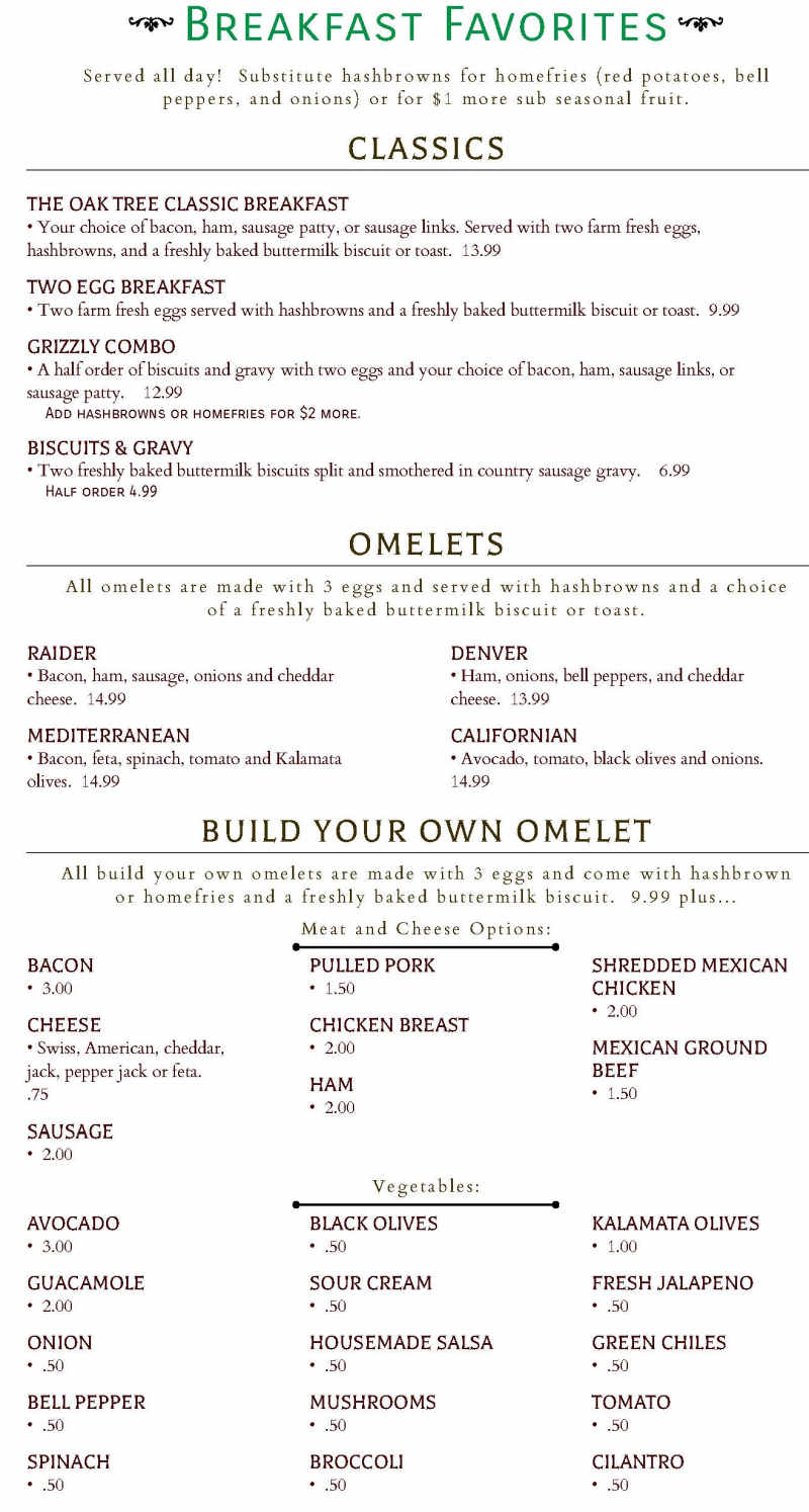 Oak Tree Northwest menu page 1
