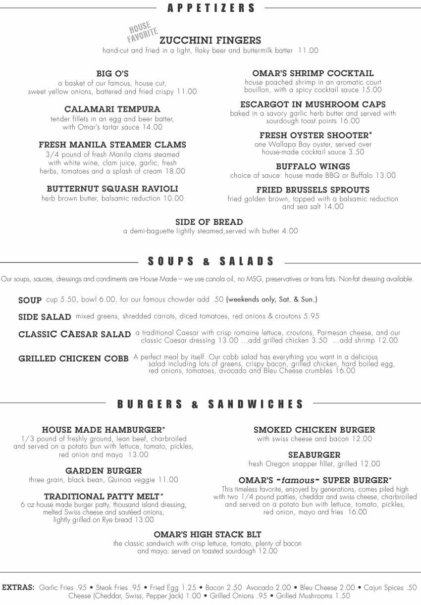 Omar's Seafood & Steaks menu page 1