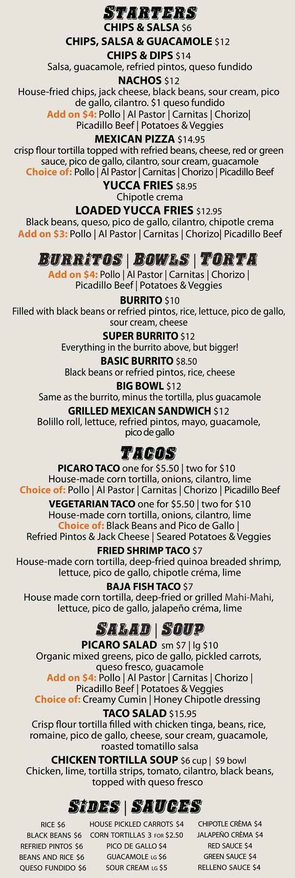 Taqueria Picaro menu page 1