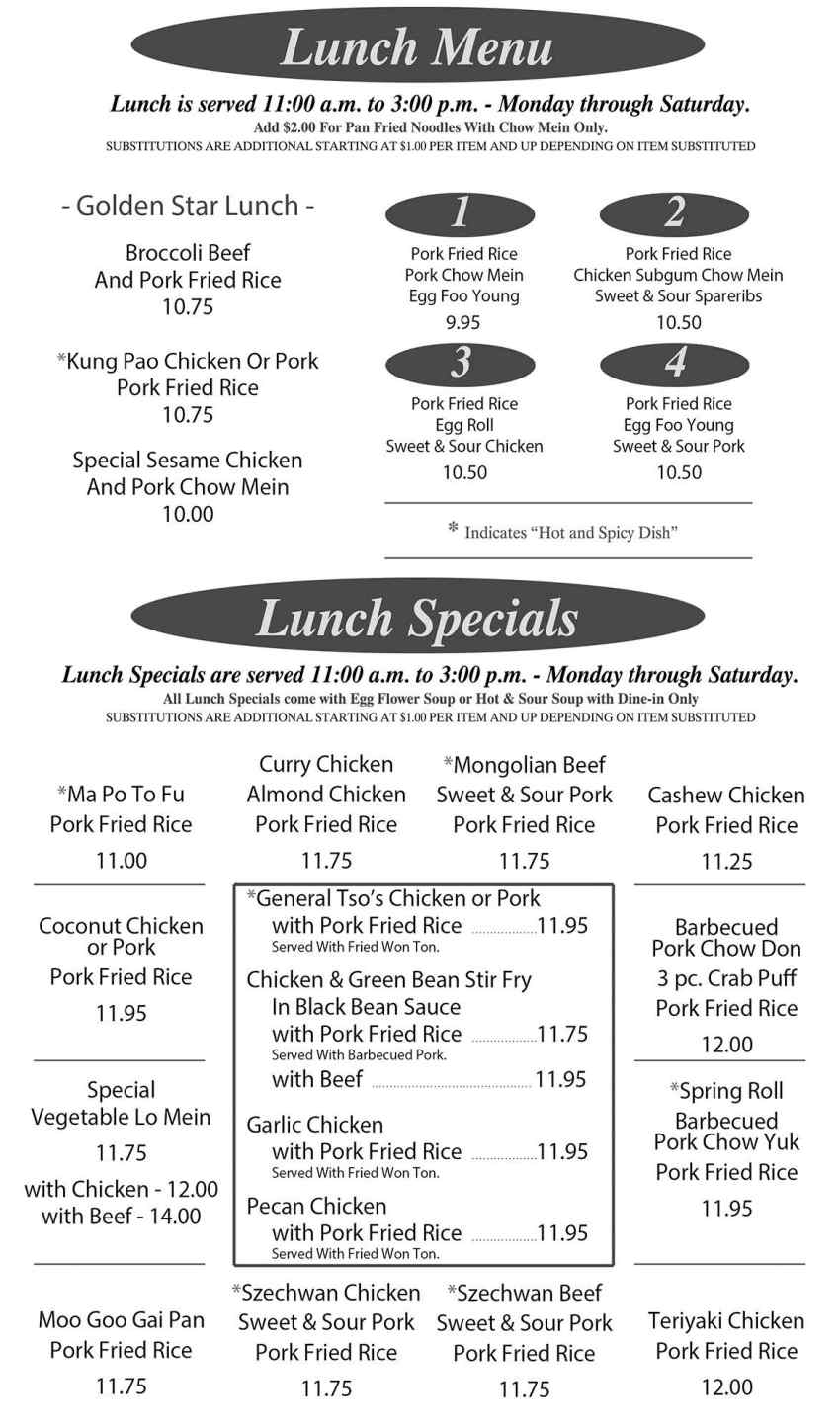 Golden Star menu page 1