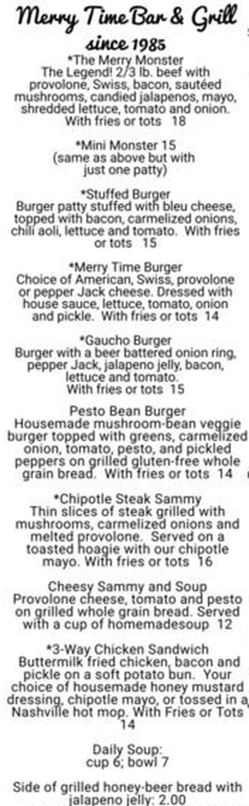 Merry Time Bar & Grill menu page 1